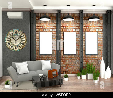 Moderno stile loft living interior design. Il rendering 3D Foto Stock