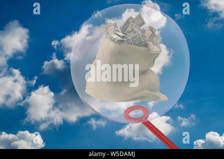 La grande bolla di sapone racchiude un sacco pieno di denaro - 3D-ILLUSTRAZIONE Foto Stock