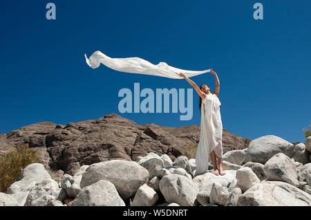 Bella asiatica spirituale coreano donna americana nel deserto che indossa un semplice abito bianco. Il vento sta portando il suo bianco sciarpa overhead. Foto Stock