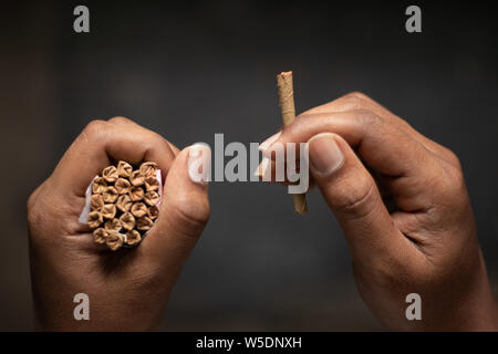 Il beedi è un sottile sigaretta indiano riempito con scaglie di tabacco e avvolto in una Bauhinia racemosa foglia e legato con una stringa in corrispondenza di una estremità. Foto Stock