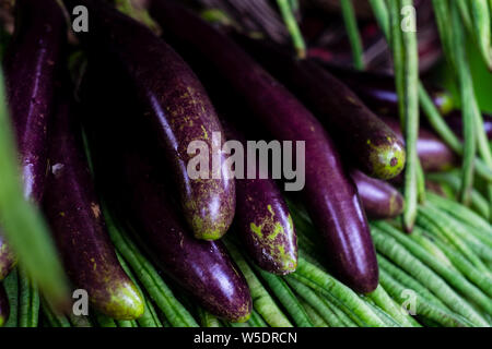 Primo piano di melanzane vegetale sulla parte superiore dei fagiolini. Messa a fuoco selettiva. Copia dello spazio. Foto Stock