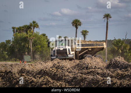 Costruzione veicolo - Autocarro con cassone ribaltabile con carico di sporcizia nel mezzo di una palude. Foto Stock