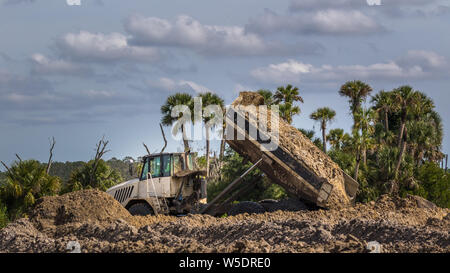 Costruzione veicolo - Dump dump carrello carico di sporcizia in una palude della Florida. Foto Stock