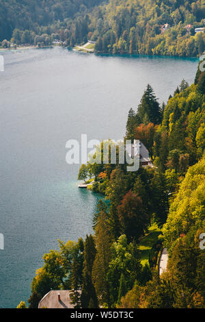 Close up vista aerea della parte del lago di Bled, in Slovenia. Una piccola casa sulla banca circondata da una foresta Foto Stock