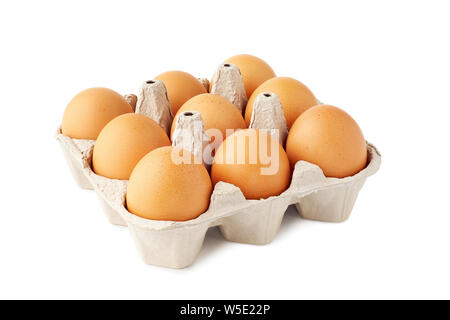 Nove brown uova fresche nel vassoio di retail su bianco Foto Stock