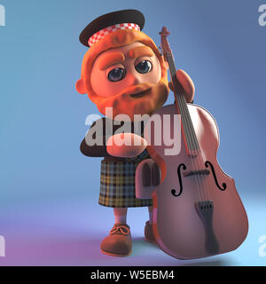 Musical Scotsman in tartan tradizionale kilt suona il contrabbasso, 3D render illustrazione Foto Stock