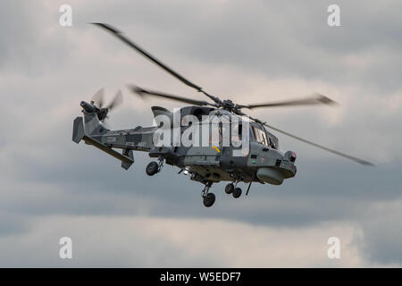 Royal Navy Wildcat HMA2 anti-sommergibile elicottero che partecipano al display di volo presso gli RNAS Yeovilton International Air giorno, Regno Unito il 13/7/19. Foto Stock