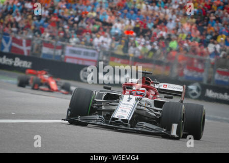 Hockenheim, Germania. 28 Luglio, 2019. Alfa Romeo Racing driver finlandese Kimi Raikkonen compete durante il tedesco F1 Grand Prix gara. Credito: SOPA Immagini limitata/Alamy Live News Foto Stock