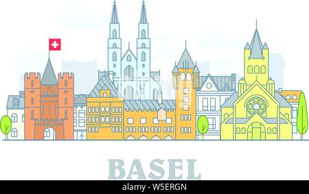 Basel, Svizzera - Old town, panorama della città con i punti di riferimento della città di Basilea Illustrazione Vettoriale