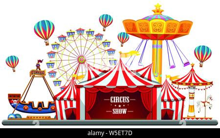 Circus evento con tende, ruota panoramica Ferris, giostre giochi, ticket booth nave pirata illustrazione isolato Illustrazione Vettoriale
