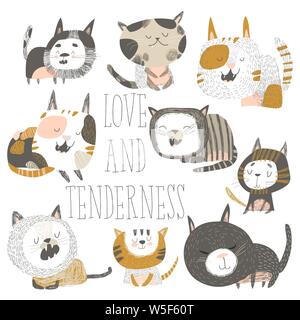 Carino gatti in diverse pose su sfondo bianco Illustrazione Vettoriale