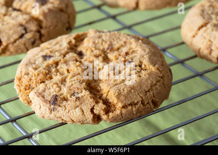 Biscotti fatti in casa biscotti con scaglie di cioccolato su un metallo raffreddamento per rack, con una tovaglia verde al di sotto Foto Stock