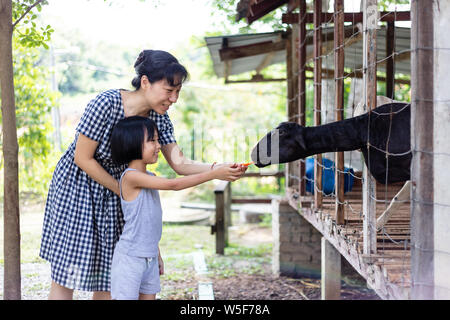 Asian poco ragazza cinese di madre e di alimentazione di una capra con la carota in fattoria per esterni Foto Stock