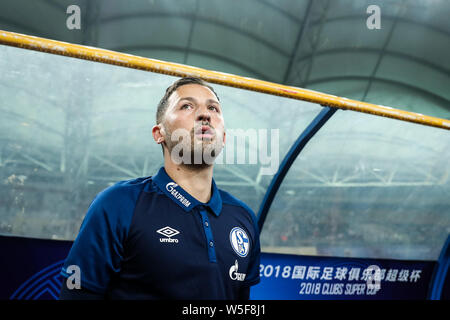 --FILE--head coach Domenico Tedesco di FC Schalke 04 orologi i suoi giocatori in competizione contro Southampton F.C. durante una partita amichevole del Club 2018 Foto Stock