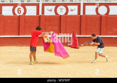 Formazione dei toreri apprendisti con una finta bull nell'arena Plaza de toros de la Malagueta a Malaga, Andalusia, Spagna Foto Stock