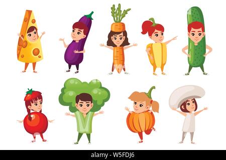 Gruppo di ragazzi e ragazze kid indossando le verdure e altri prodotti alimentari costume cartoon character design piatto illustrazione vettore isolato su sfondo bianco. Illustrazione Vettoriale