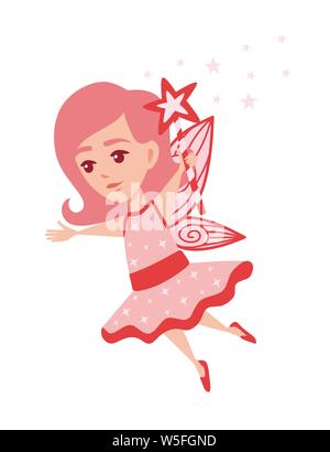 Flying butterfly fairy con forma a stella la bacchetta magica e indossando abiti rosa cartoon character design piatto illustrazione vettoriale. Illustrazione Vettoriale