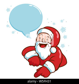 Messaggio di Natale, auguri per le vacanze. Felice cartone animato Babbo Natale con una bolla parlante. Buon Natale. Foto Stock