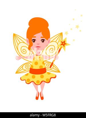 Flying butterfly fairy con forma a stella bacchetta magica e indossare abiti di colore giallo cartoon character design piatto illustrazione vettoriale. Illustrazione Vettoriale