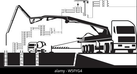 Pompa per calcestruzzo carrello lavoro sul sito in costruzione - illustrazione vettoriale Illustrazione Vettoriale