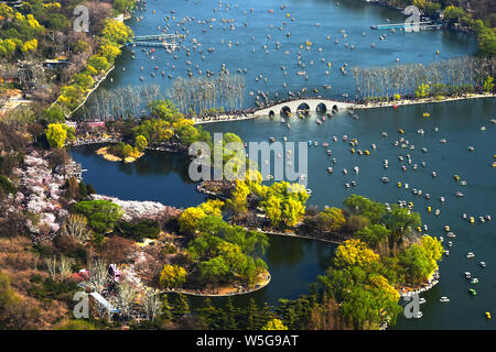 I turisti di visitare il Parco di Yuyuantan come fiori di ciliegio in piena fioritura nel Distretto Haidian, Pechino, Cina, 24 marzo 2019. Foto Stock