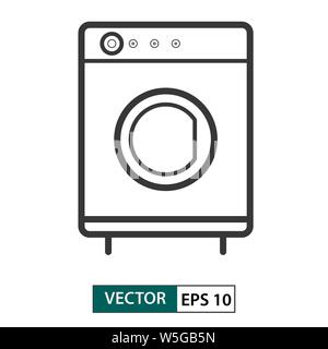 Macchina di lavaggio e la relativa icona. Lo stile di contorno. Isolato su sfondo bianco. Illustrazione vettoriale EPS 10 Illustrazione Vettoriale