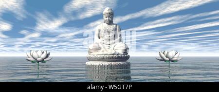 Buddha Bianca meditando accanto a lily fiori su acqua di giorno - 3D render Foto Stock