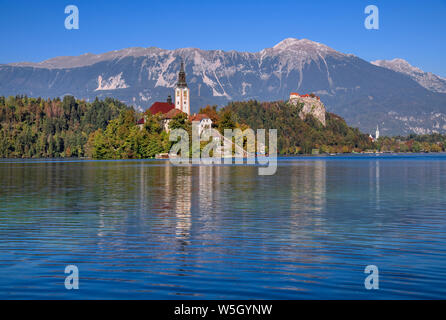 La Slovenia, Alta Carniola, Bled Bled Island e la chiesa dell'Annunciazione dalla riva del lago con il castello di Bled in background. Foto Stock