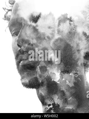 Paintography. La doppia esposizione fotografia portrait mescolati con inchiostro nero lavare su sfondo bianco Foto Stock