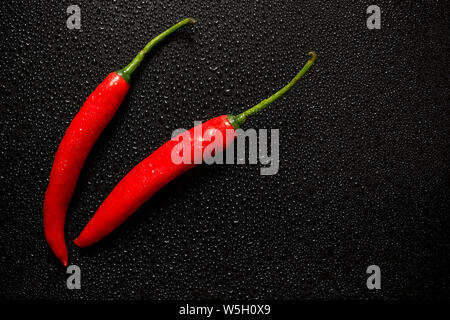 Organico fresco peperoncino rosso su sfondo nero con le goccioline di acqua la creazione di texture - cibo Concetto di immagine con copia spazio per il testo. Foto Stock