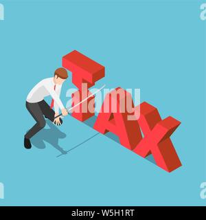 Appartamento 3D isometrica imprenditore il taglio fiscale dalla parola giapponese spada katana. La riduzione delle imposte del concetto. Illustrazione Vettoriale