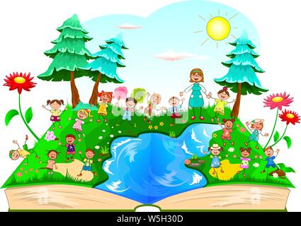 Bambini gioiosi per una passeggiata nella natura. I bambini in una passeggiata al di fuori della citta'. Gioiosi bambini piccoli e di un insegnante. Foresta, Lago, fiori di erba. Natura, lan Illustrazione Vettoriale