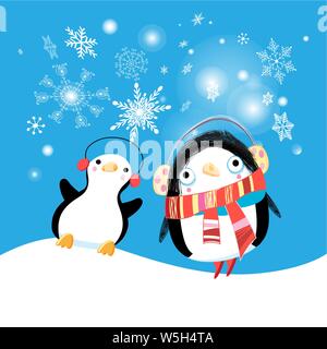 Festive Anno Nuovo card con divertenti pinguini su uno sfondo blu con i fiocchi di neve. Luminosa sullo sfondo di Natale divertente con i pinguini per la progettazione di packaging o Illustrazione Vettoriale