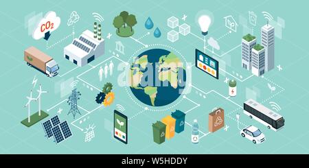 Innovative tecnologie verdi, i sistemi intelligenti e il riciclaggio per la sostenibilità ambientale e una rete di concetti isometrica Illustrazione Vettoriale
