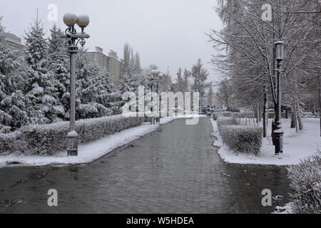 Neve a inizio estate coperto per le strade delle città, alberi, lampioni Foto Stock