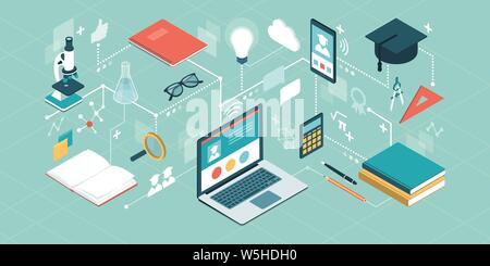 Piattaforma di e-learning, corsi online e le applicazioni didattiche Illustrazione Vettoriale