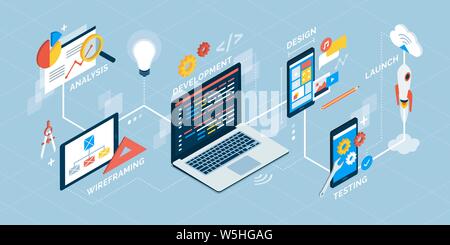 App processo di progettazione e sviluppo infografico isometrica con icone e testo Illustrazione Vettoriale