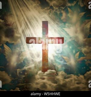 Una croce cristiana nei raggi di luce. Benedizione. Angeli mosche intorno. Foto Stock