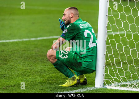 Saransk, Russia - 8 giugno 2019. Deluso San Marino Nazionale di calcio portiere Elia Benedettini seguenti 0-9 sconfitta nella UEFA EURO 2020 lontano Foto Stock