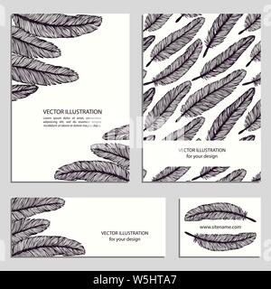 Disegnata a mano doodle piume. Modello di copertura collezione. Carino artistica celebrando le carte. Impostare gli elementi di design. Delineare il disegno vettoriale. Illustrazione Vettoriale