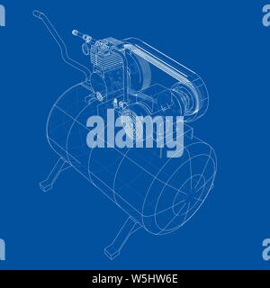 Delineare il compressore dell'aria. Vettore di rendering 3d. Filo-stile di cornice. Gli strati di visibile e invisibile di linee sono separate Illustrazione Vettoriale