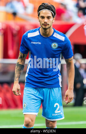 Saransk, Russia - 8 giugno 2019. San Marino Nazionale di calcio sostituto defender Davide Cesarini prima di UEFA EURO 2020 match di qualificazione della Russia Foto Stock