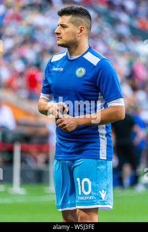 Saransk, Russia - 8 giugno 2019. San Marino Nazionale di calcio sostituto avanti Nicolo Angelini prima di UEFA EURO 2020 match di qualificazione della Russia Foto Stock