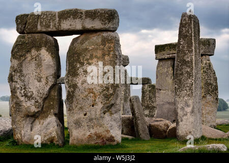 Lichene interno incrostato Sarsens con architravi a Stonehenge rovine sulla Piana di Salisbury nel Wiltshire, Inghilterra all'alba Foto Stock