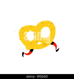 Illustrazione di un bagel in esecuzione. Esecuzione di pretzel. Vettore. Carattere croccante con gambe. Icona per il sito. Segno, il logo per il negozio. La consegna di prodotti freschi Illustrazione Vettoriale