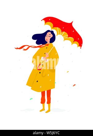 Illustrazione di una ragazza triste in un impermeabile giallo. Vettore. Una donna sotto un ombrello in caso di pioggia è la SAD e la SAD. Depressione e Meloncholia. Rainy Illustrazione Vettoriale