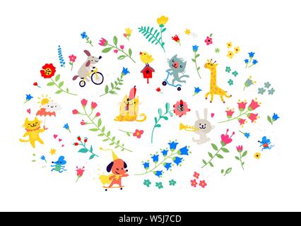 Illustrazione di una configurazione di fiori e animali divertenti. Vettore. In stile cartone animato. Elementi floreali per schede o dei messaggi di saluto. Bambini i cosmetici, abbigliamento, Illustrazione Vettoriale