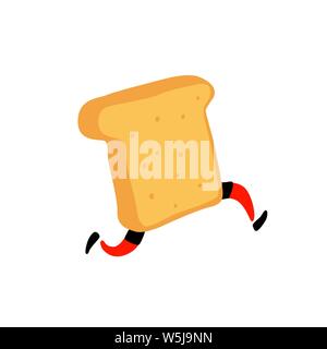 Illustrazione di un tostapane in esecuzione. Esecuzione di un pezzo di pane. Vettore. Carattere croccante con gambe. Icona per il sito. Segno, il logo per il negozio. Offrire Illustrazione Vettoriale