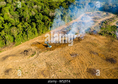Top down vista aerea della deforestazione - giungla essendo rimossi e bruciati per farne piantagioni in Thailandia Foto Stock