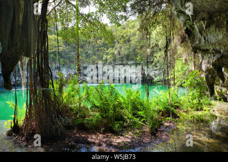 Los Tres Ojos - serie di tre laghi situati nella grotta di pietra calcarea in Santo Domingo, Repubblica Dominicana Foto Stock